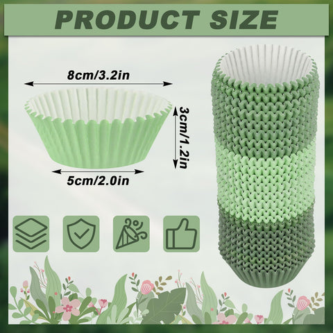 Qumenan papeles para cupcakes gradiente verde salvia, realzan postres en baby showers.