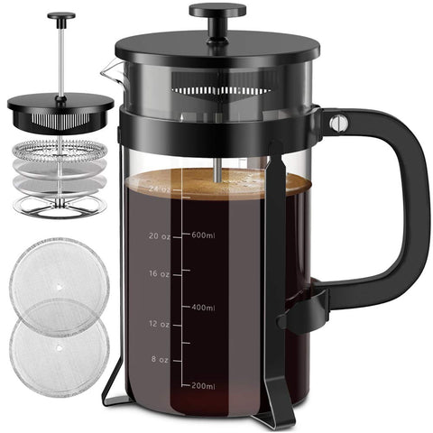 Prensa francesa QUQIYSO con filtro de acero y vidrio, ideal para café suave y aromático.