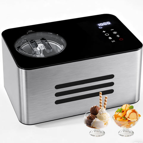 QUWRI máquina de helados con compresor exhibe la cuba de 2,0 L para postres caseros cremosos.