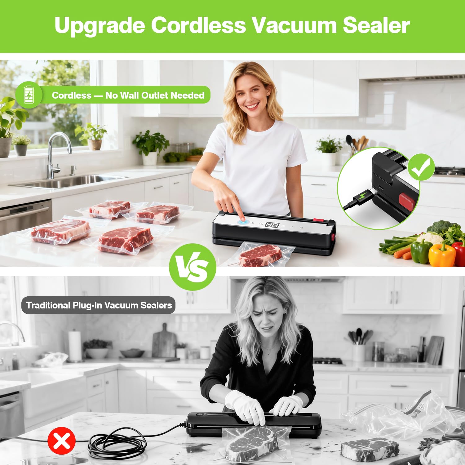 QUWRI Selladora: modos secos y humedad ligera, ideal para carnes y verduras