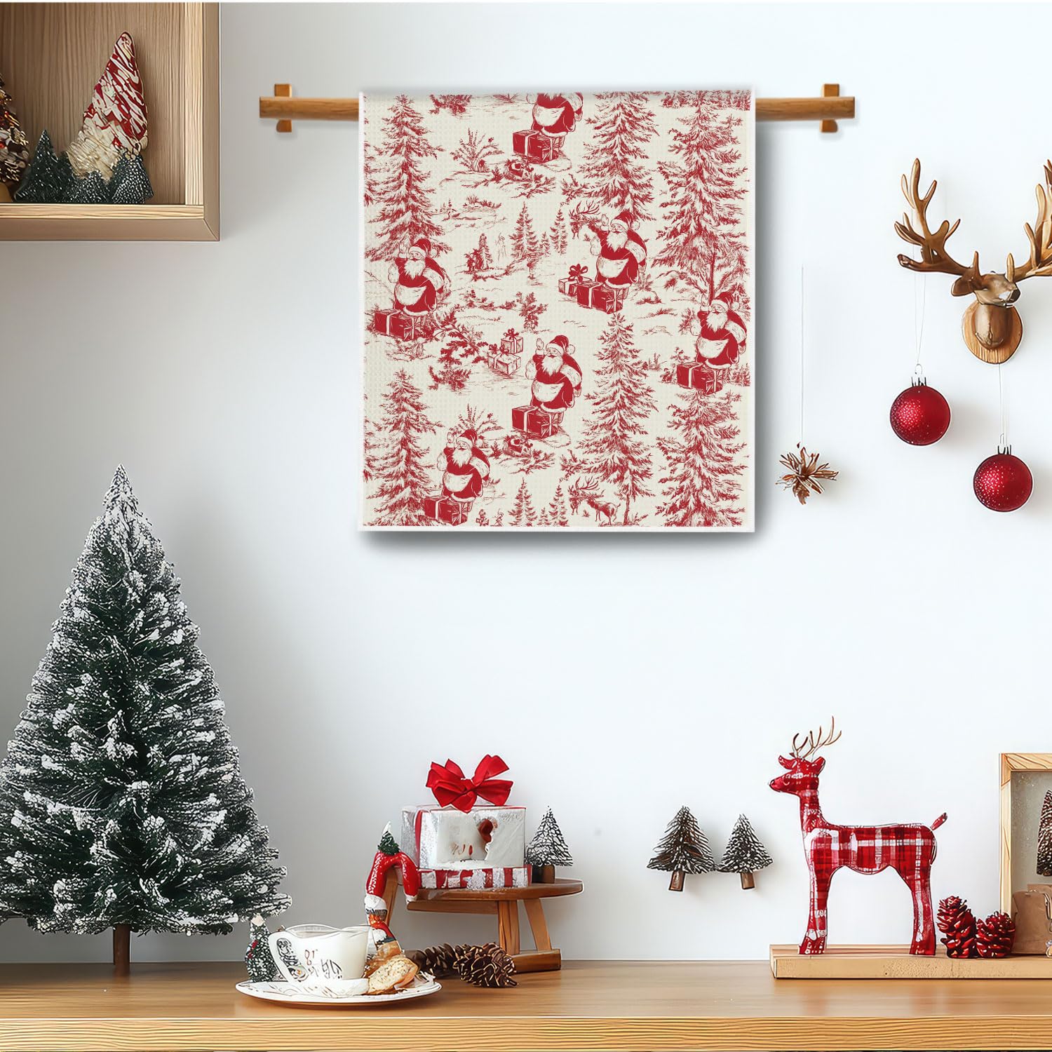 Toalla con árbol navideño vintage toile, ideal para baño o cocina.