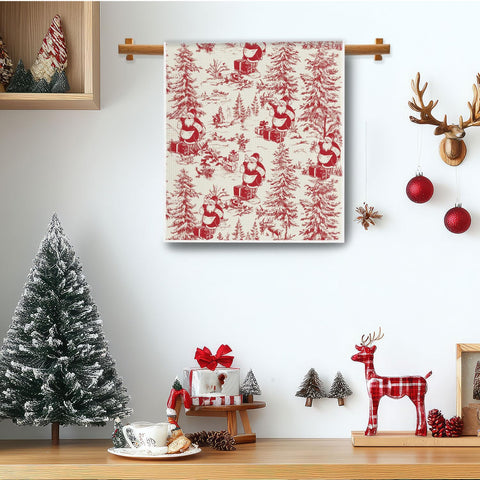 Toalla con árbol navideño vintage toile, ideal para baño o cocina.