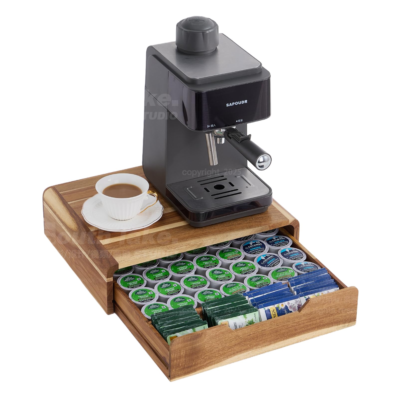 QYZFXXSF organizador de cápsulas de café en madera de acacia, frente elegante en encimera.