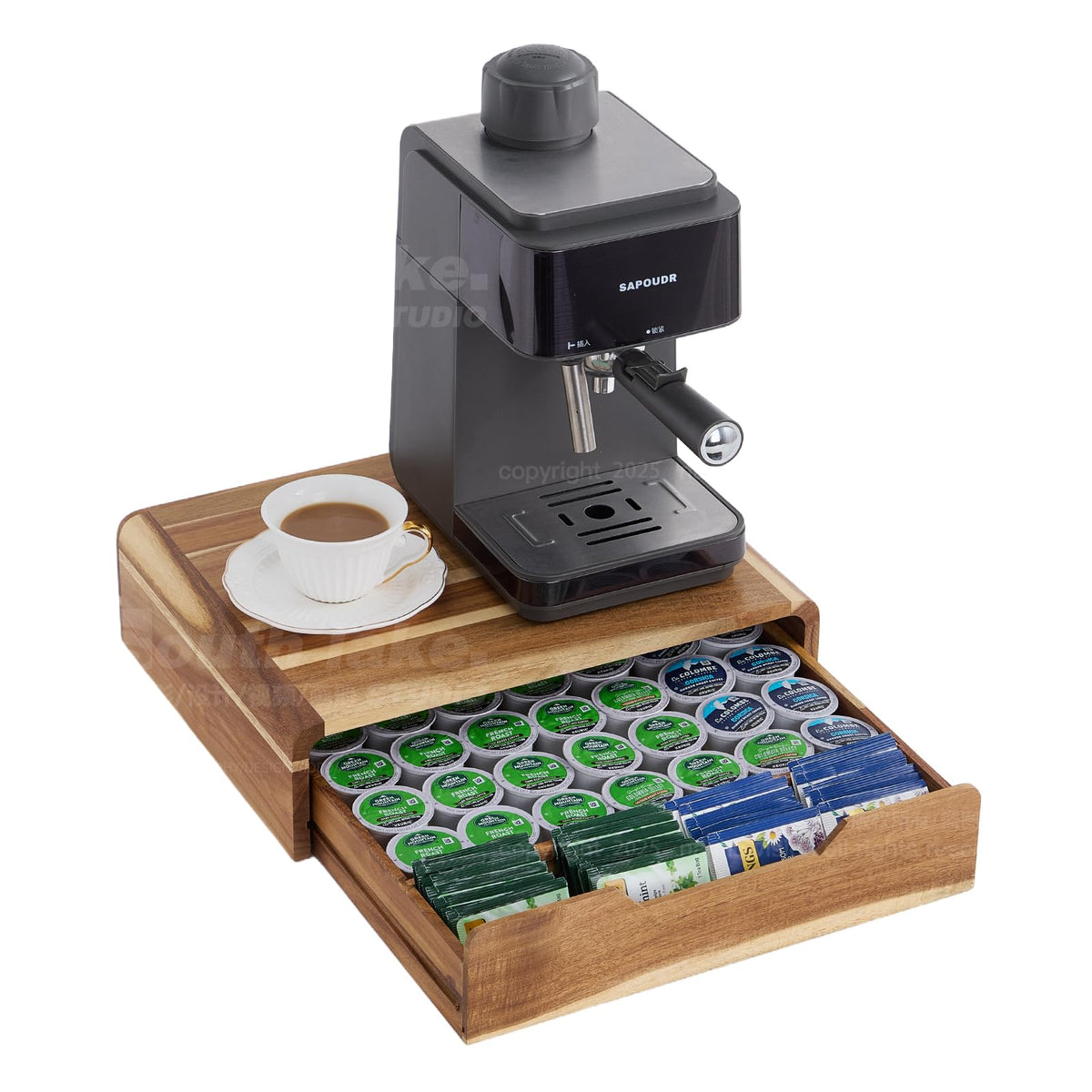 QYZFXXSF organizador de cápsulas de café en madera de acacia, frente elegante en encimera.