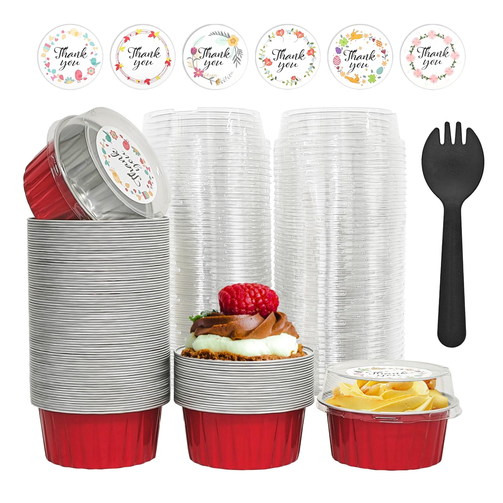 QZV molde de aluminio 5oz con tapa roja, ideal para hornear y servir.