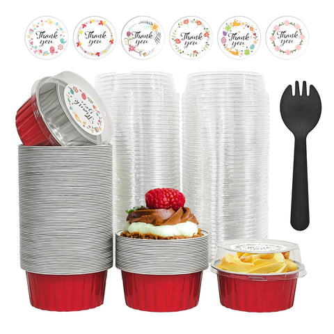 QZV molde de aluminio 5oz con tapa roja, ideal para hornear y servir.