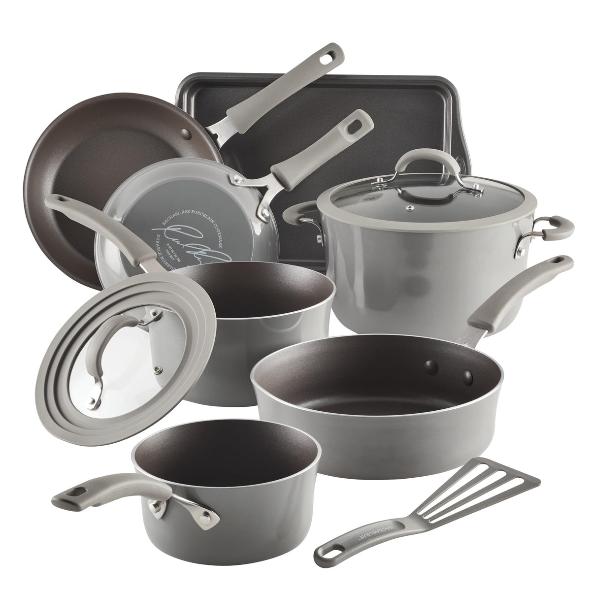Conjunto Rachael Ray Cook Create de ollas y sartenes gris para cocción rápida y uniforme.