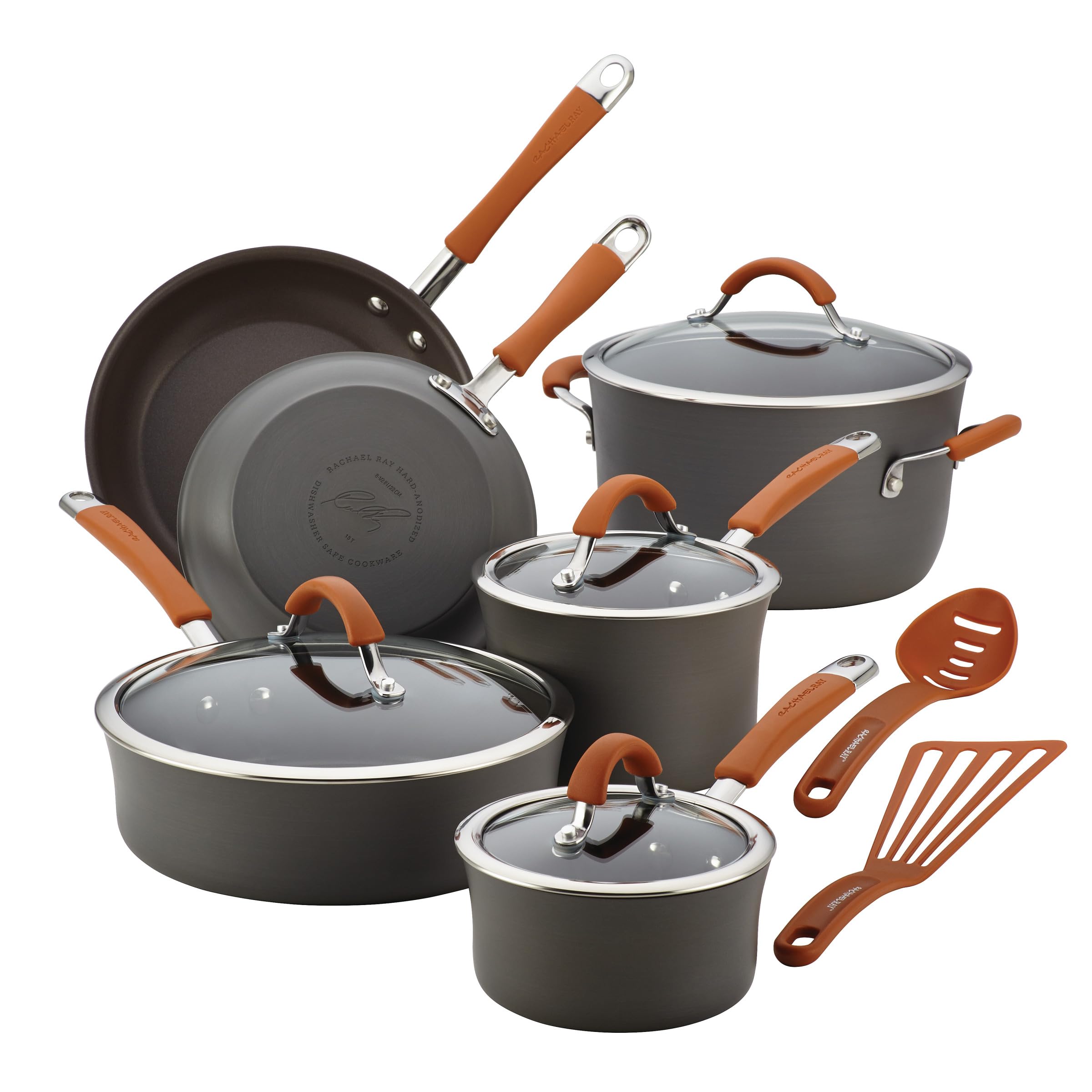 Rachael Ray Cucina: conjunto de 12 piezas en gris con mangos naranjas, ideal para múltiples recetas.