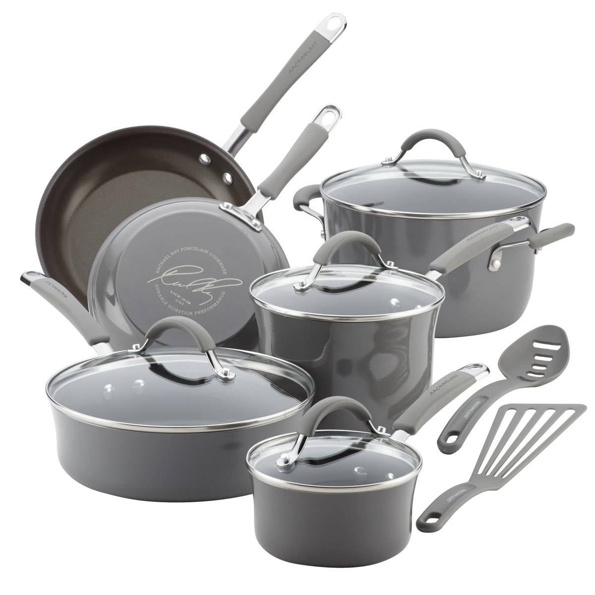 Rachael Ray Cucina, juego de ollas y sartenes de 12 piezas en gris sal marina, ideal para cocción.