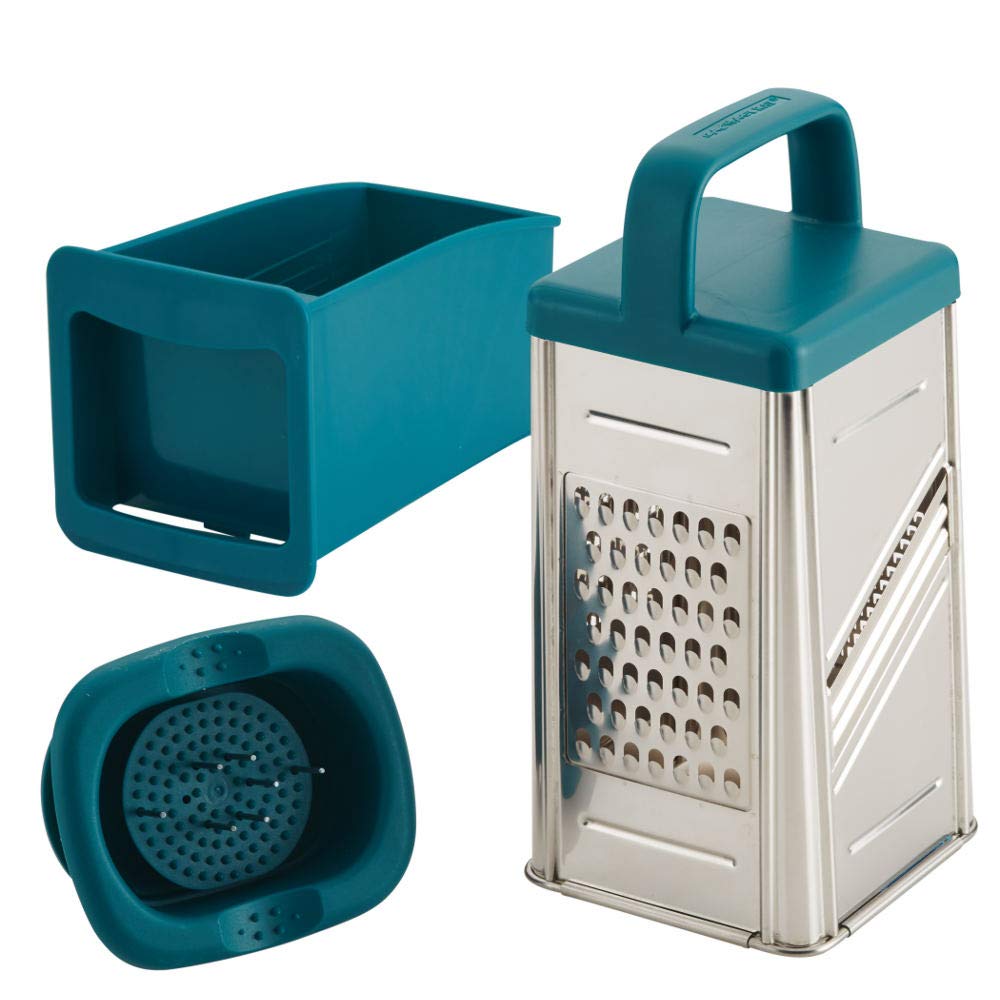 Rachael Ray rallador-caja de acero inoxidable en azul turquesa para cortar y rallar con seguridad y eficiencia.