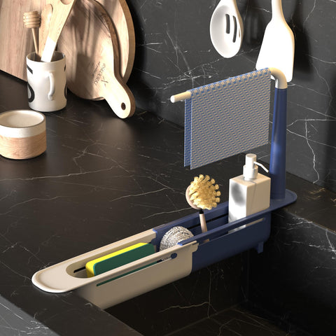Rack telescópico para fregadero azul, material PP resistente, diseño duradero.