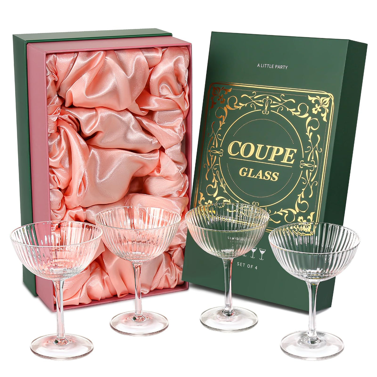 Vasos RACOBOT coupe nervados de 8 oz, juego de cuatro, ideales para cócteles elegantes.