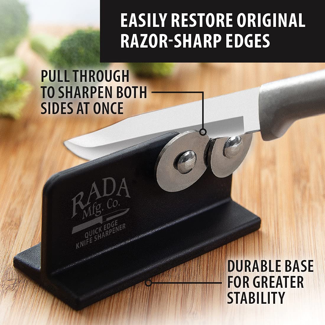 RADA afilador con doble rueda para afilar con mayor precisión.