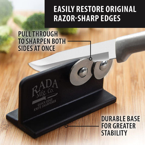 RADA afilador con doble rueda para afilar con mayor precisión.