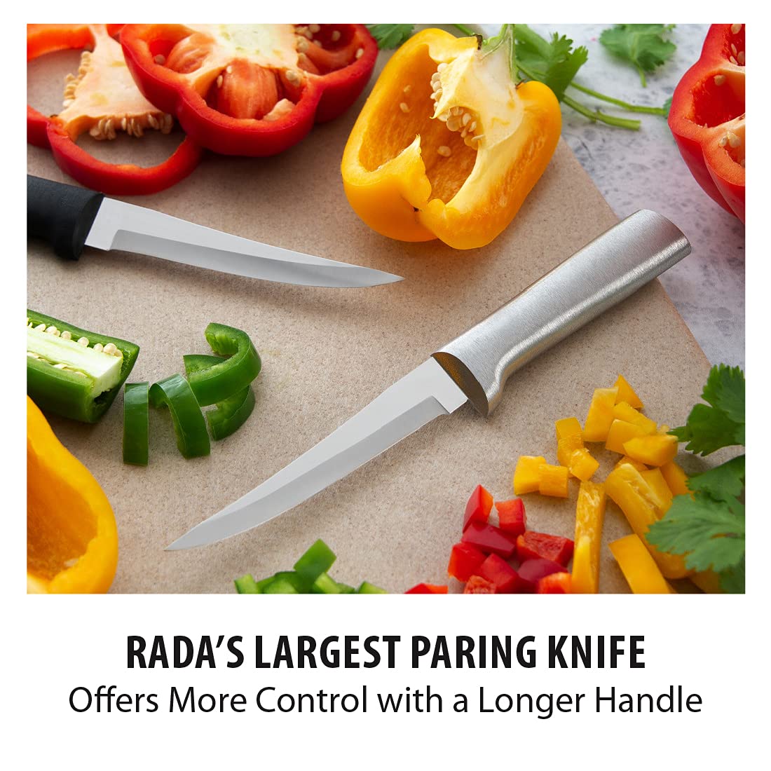 RADA Super Parer, mango plateado de aluminio cepillado para agarre estable.