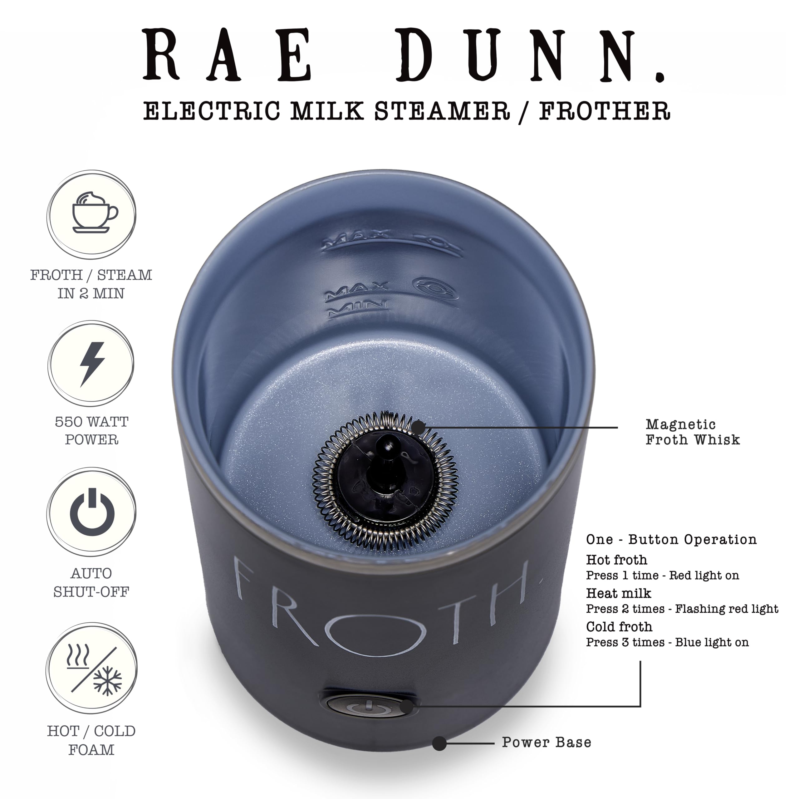 Rae Dunn operación con un botón facilita preparar espuma profesional en casa.