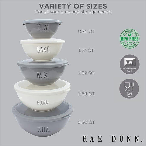 Tazones grises Rae Dunn con tapas, ideales para picar, mezclar y servir.
