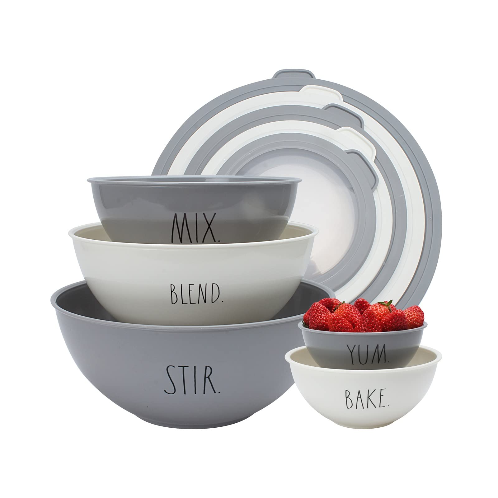 Rae Dunn tazones de mezcla apilables con tapas, ideales para preparar y almacenar.