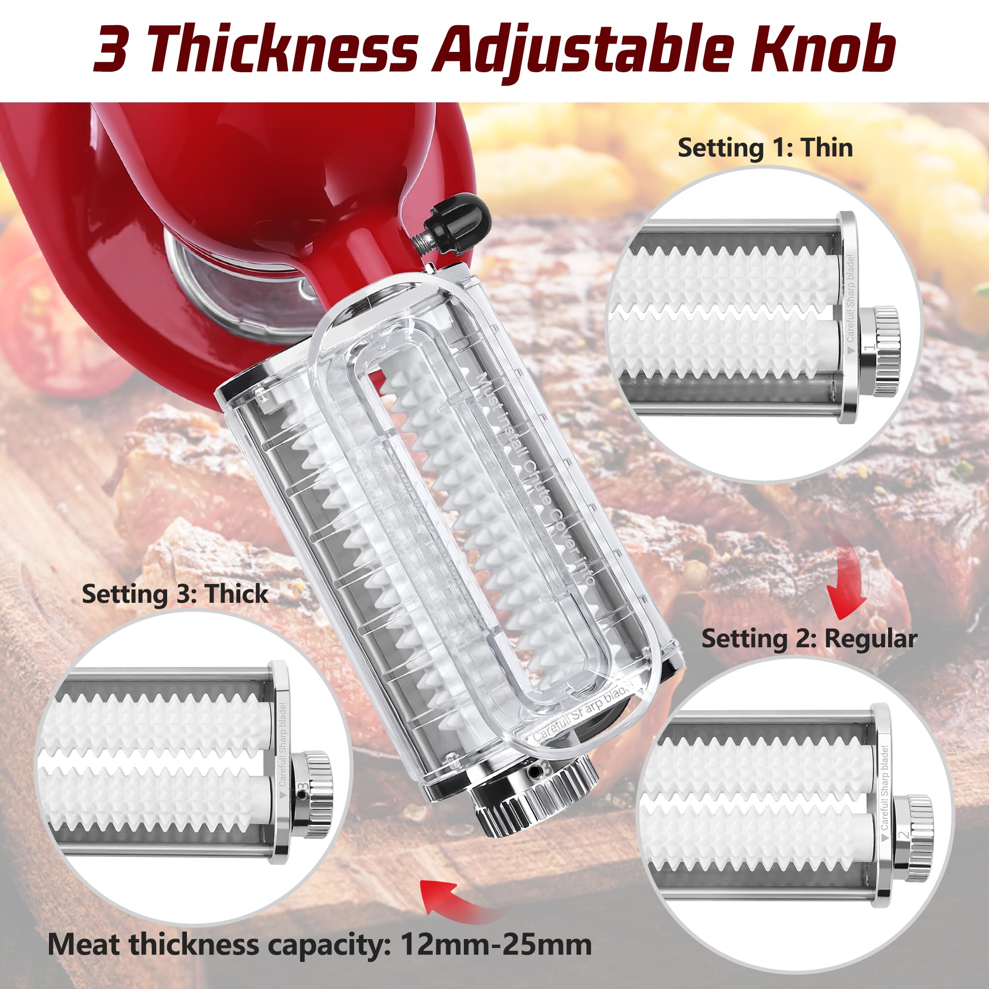 RAF BAR tenderizador de carne para KitchenAid con 3 ajustes de grosor para recetas.