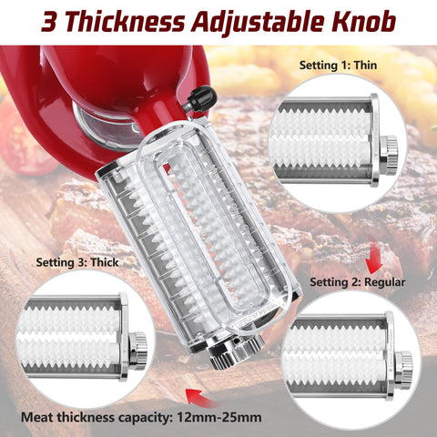 RAF BAR tenderizador de carne para KitchenAid con 3 ajustes de grosor para recetas.