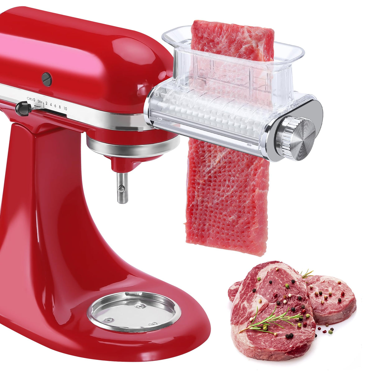 RAF BAR tenderizador de carne para KitchenAid con cubierta transparente para supervisar el proceso.
