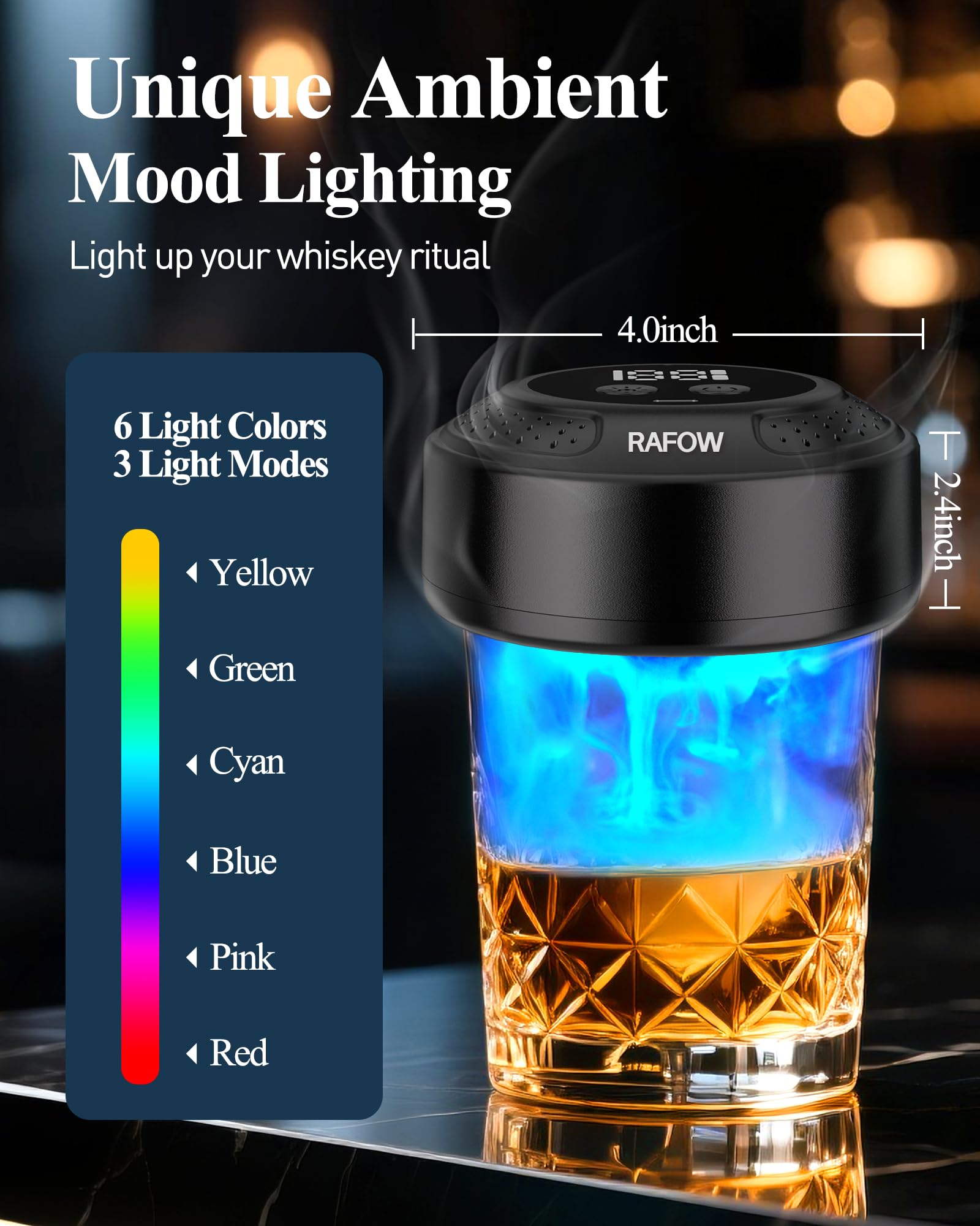Rafow con luz ambiental de seis colores, ideal para ambiente de bar.