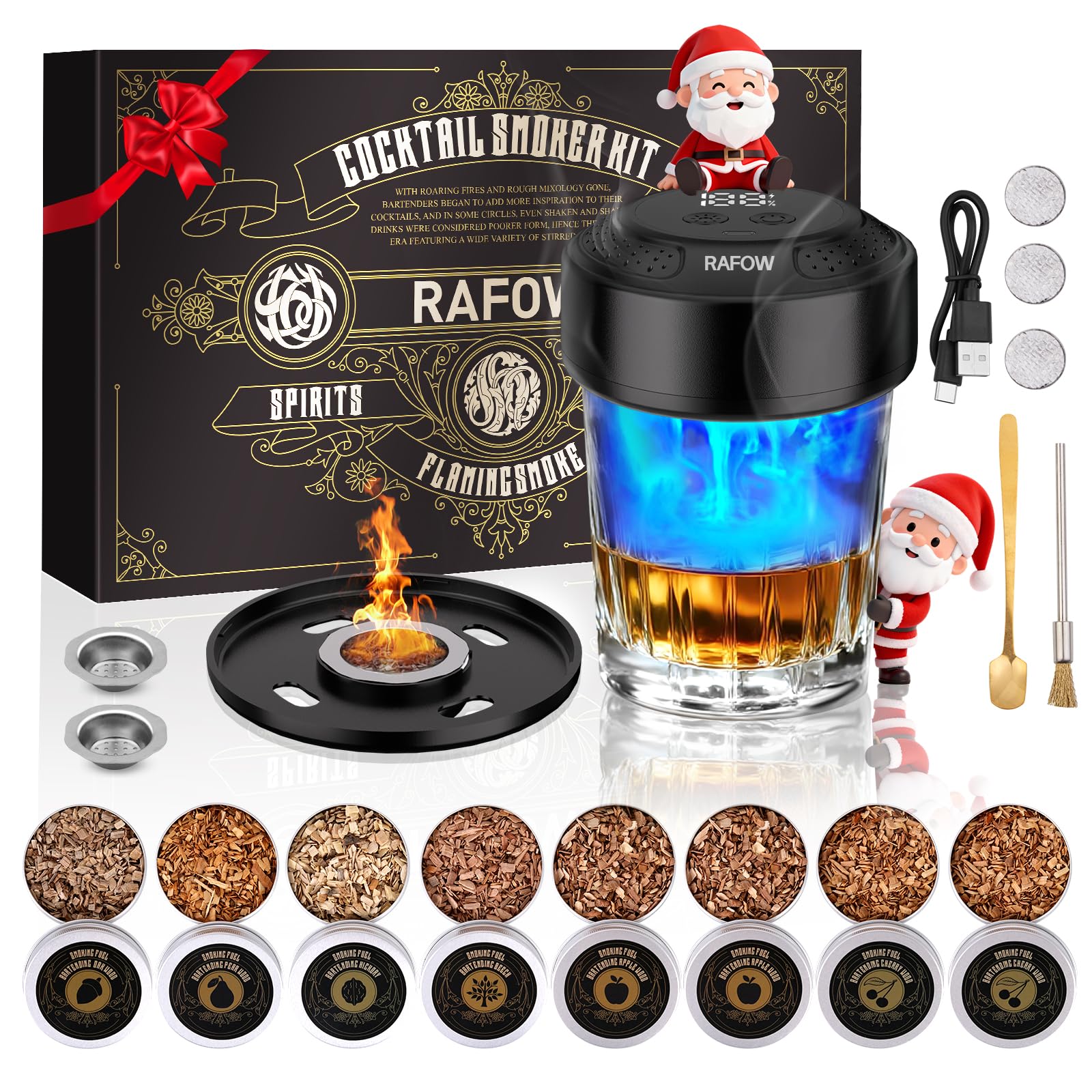 Rafow whisky ahumador eléctrico, vista frontal, seguro y listo para degustar.