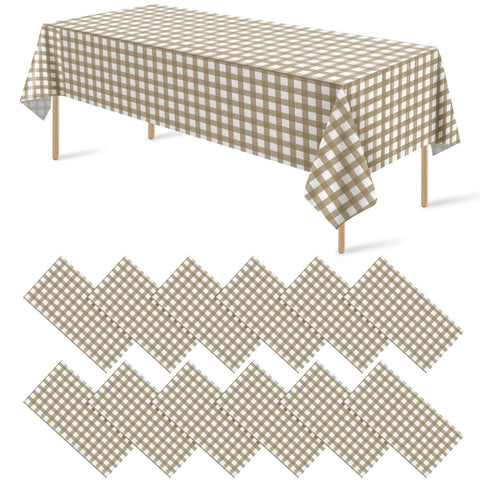 Mantel de plástico Ragnhild con cuadros marrón y blanco, ideal para fiestas al aire libre.