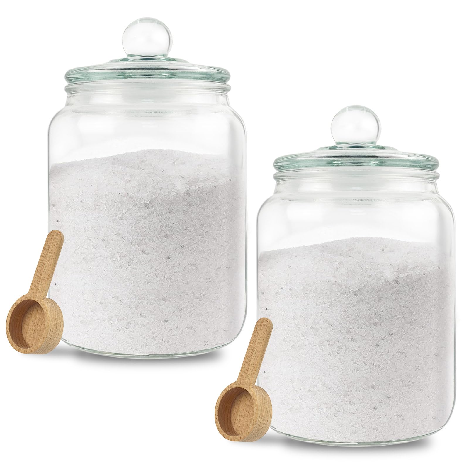 Rainmae BathGlow tarro de vidrio con cucharas de madera para almacenamiento elegante.