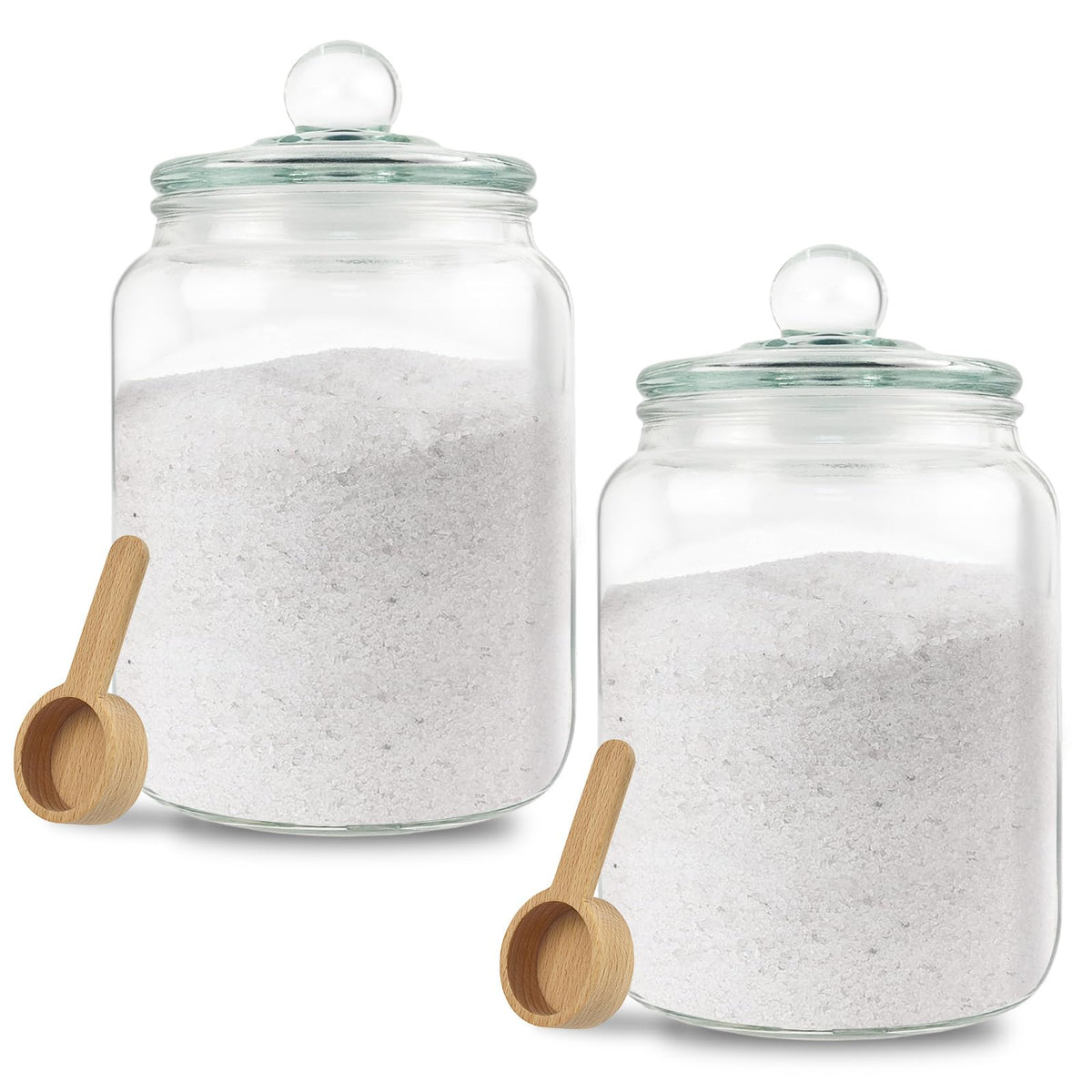 Rainmae BathGlow tarro de vidrio con cucharas de madera para almacenamiento elegante.