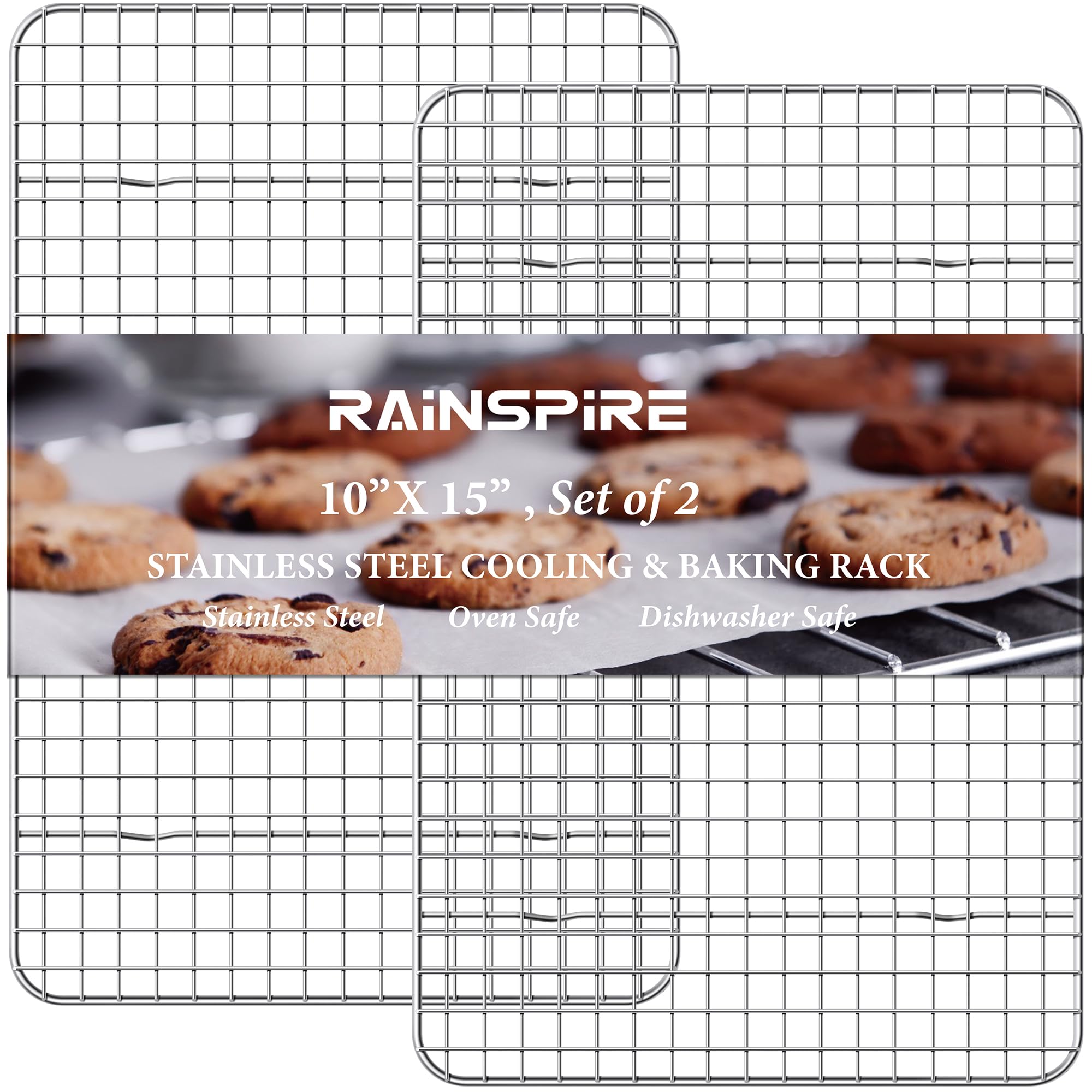 Rejilla Rainspire de enfriamiento 10x15: dos piezas duraderas para enfriar pasteles y galletas de forma uniforme.