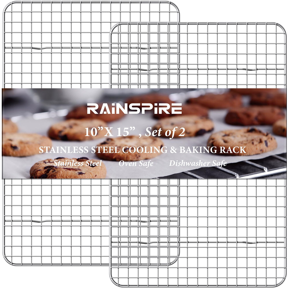 Rejilla Rainspire de enfriamiento 10x15: dos piezas duraderas para enfriar pasteles y galletas de forma uniforme.