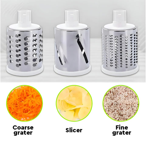 Rallador de queso giratorio con tambor rebanado para vegetales uniformes.