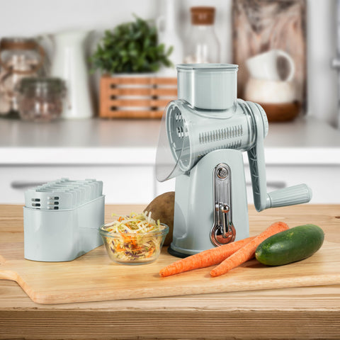 Rallador Rotatorio 5 en 1, diseño compacto para cocinas pequeñas.