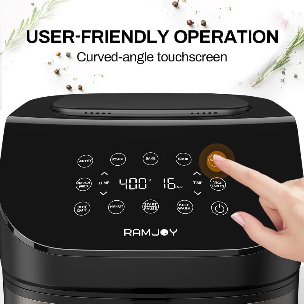 RAMJOY Freidora de aire precalentamiento rápido para cenas rápidas.