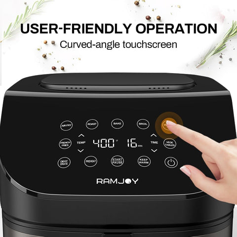 RAMJOY Freidora de aire precalentamiento rápido para cenas rápidas.