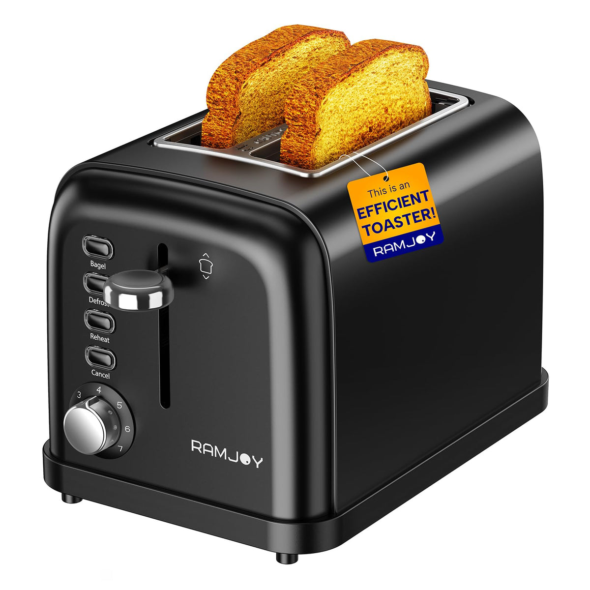 RAMJOY tostador negro de acero inoxidable visto frontal, ideal para desayunos rápidos.