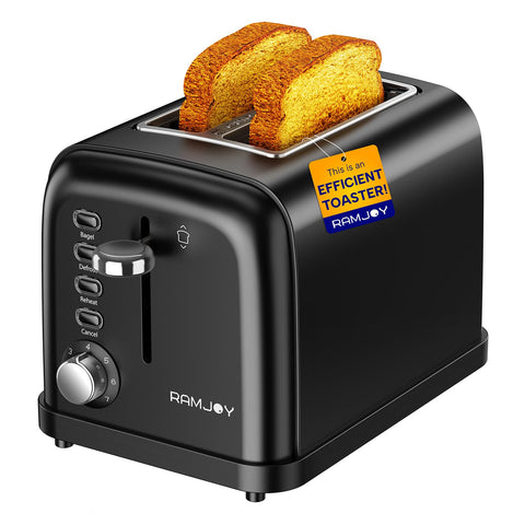 RAMJOY tostador negro de acero inoxidable visto frontal, ideal para desayunos rápidos.