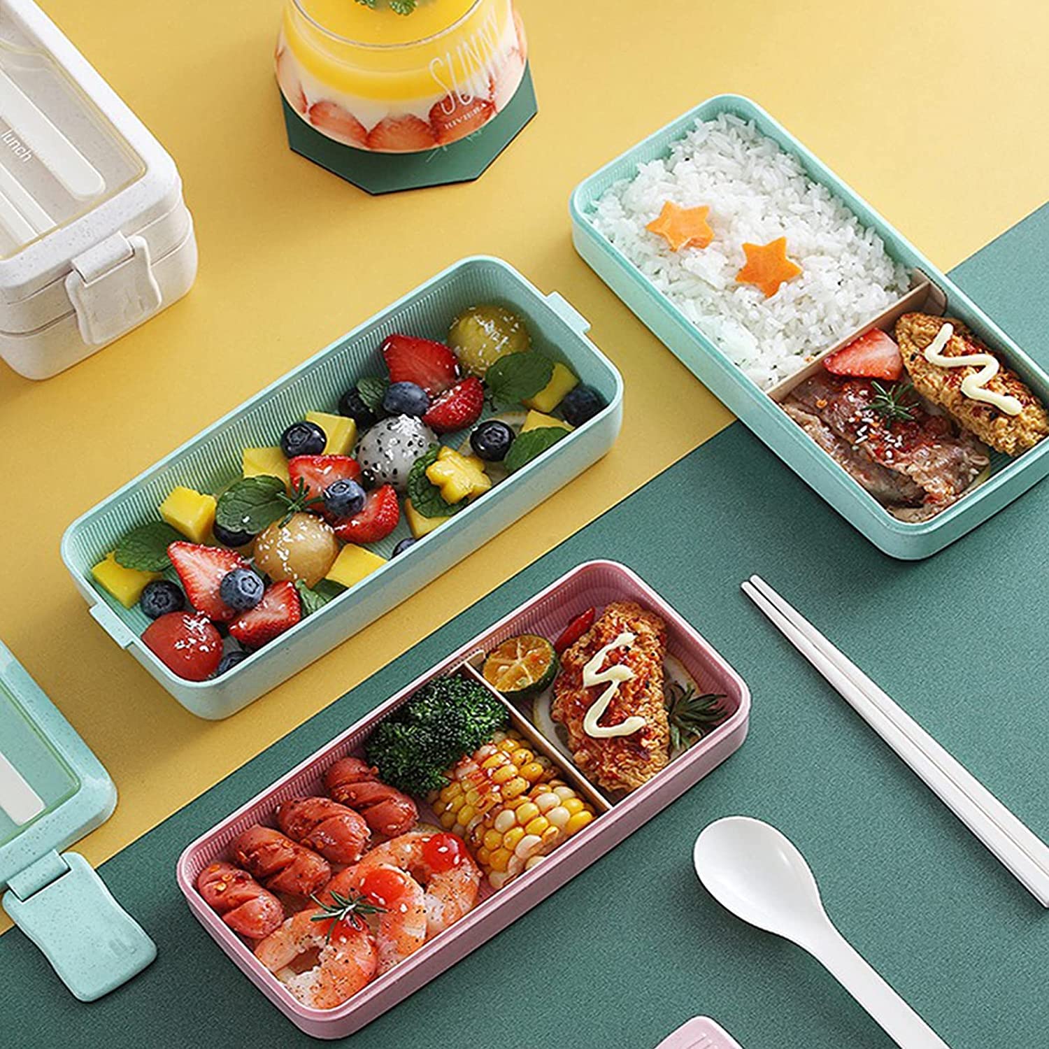 Rarapop Bento: colores beige, rosa y verde para un estilo sobrio.
