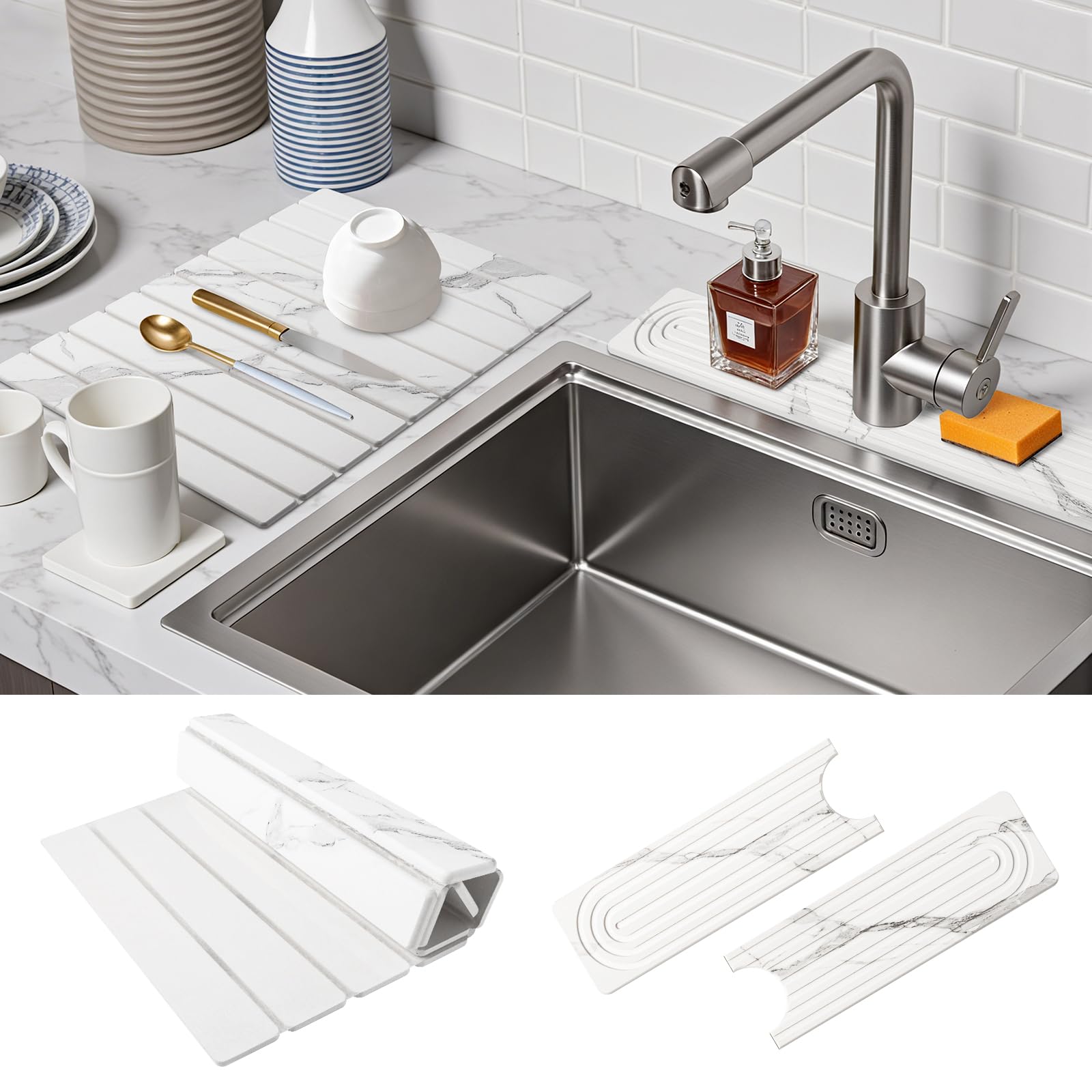 Ravmix alfombrilla de piedra para secado en la cocina, gran superficie para platos y vasos