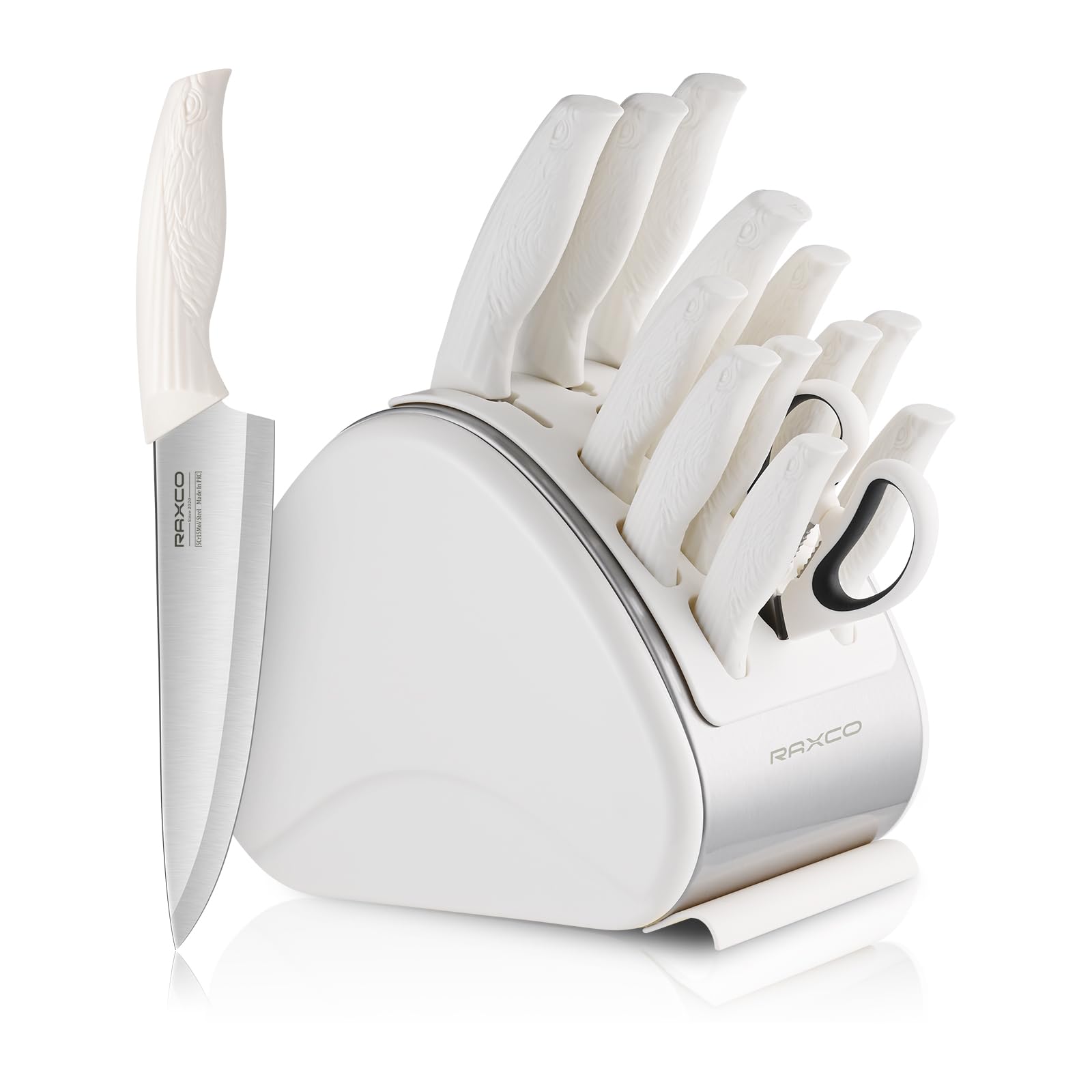Conjunto de cuchillos RAXCO de 15 piezas en bloque blanco para cocina profesional