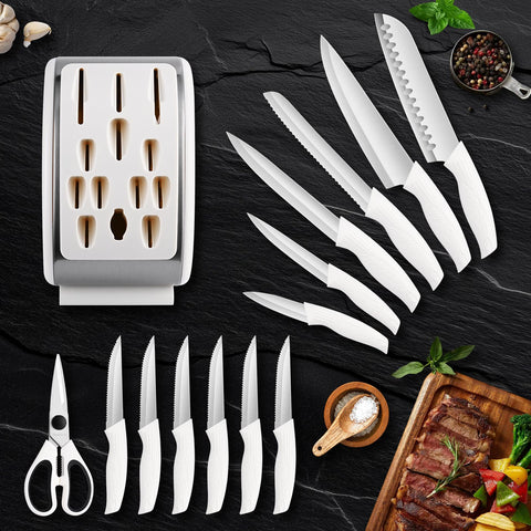Cuchillos serrados para bistec RAXCO en bloque blanco para cortes limpios
