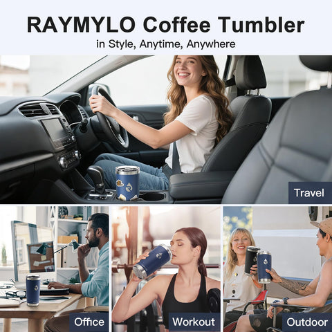 Raymylo taza en portavasos de coche, ideal para viajes diarios.