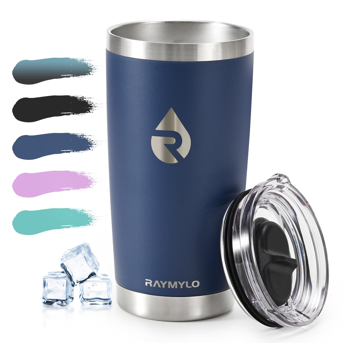 Raymylo taza de viaje 20 oz azul marino, vista frontal, ideal para café caliente en trayectos diarios.