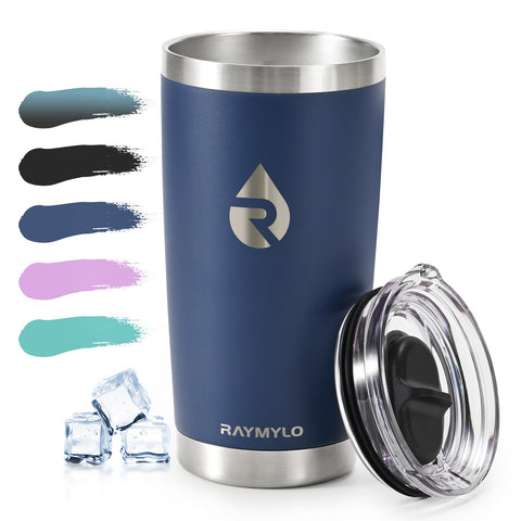 Raymylo taza de viaje 20 oz azul marino, vista frontal, ideal para café caliente en trayectos diarios.