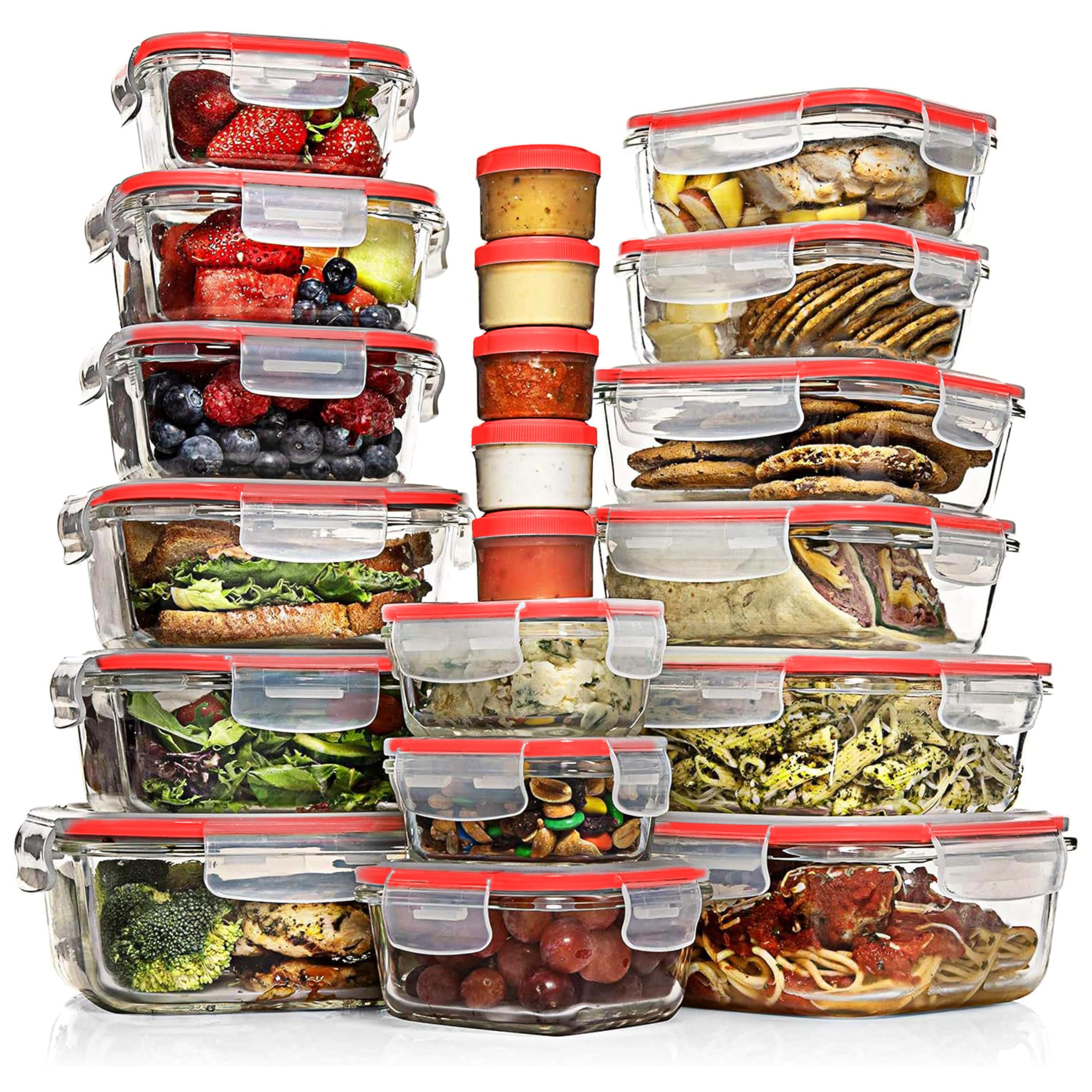 Razab conjunto de 35 contenedores de vidrio con tapas, ideal para almacenamiento seguro.