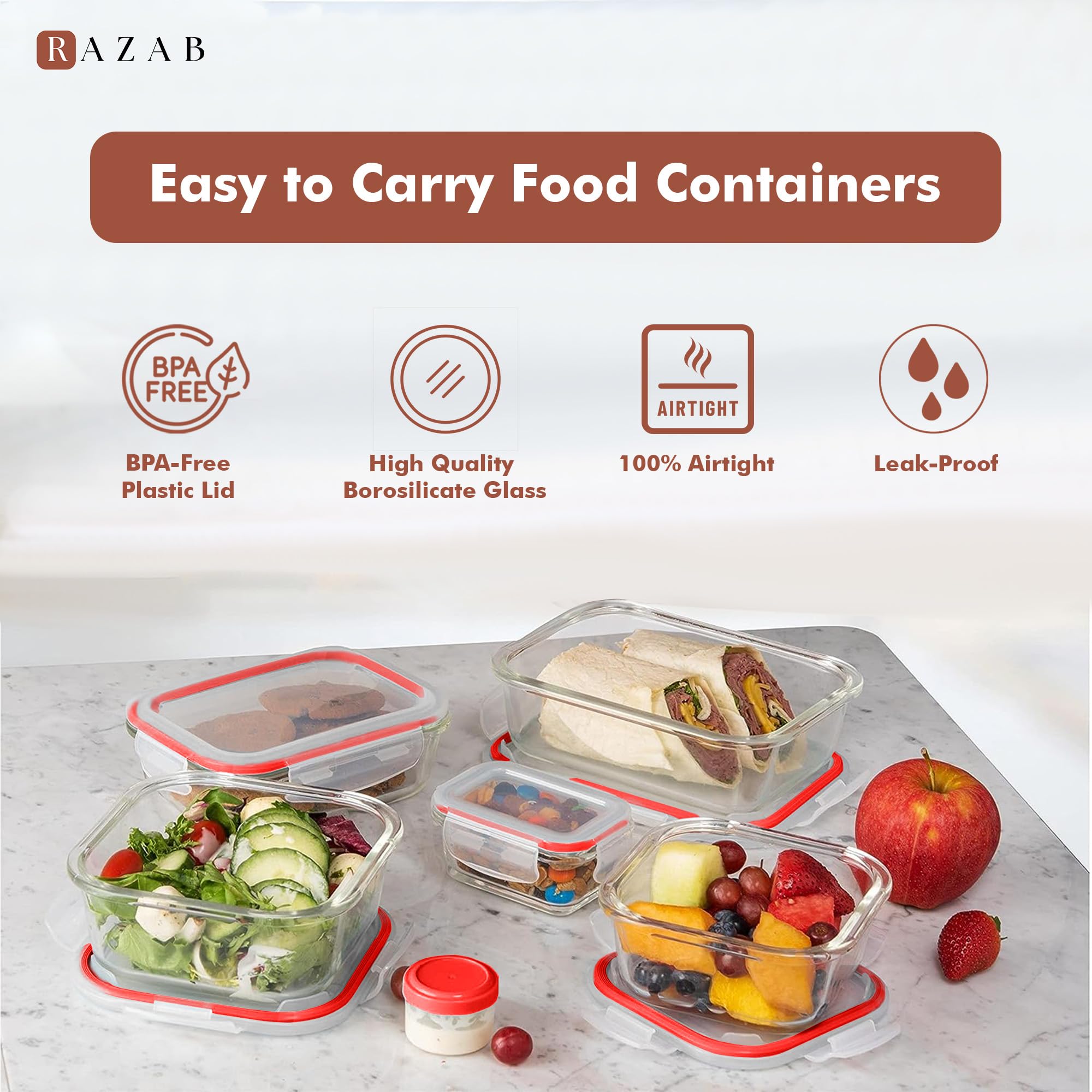 Razab contenedores vidrio 320ml cuadrados con tapas, apilables para ahorrar espacio.