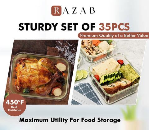 Razab contenedores vidrio 1520ml rectangulares con tapas, ideales para preparación por lotes.