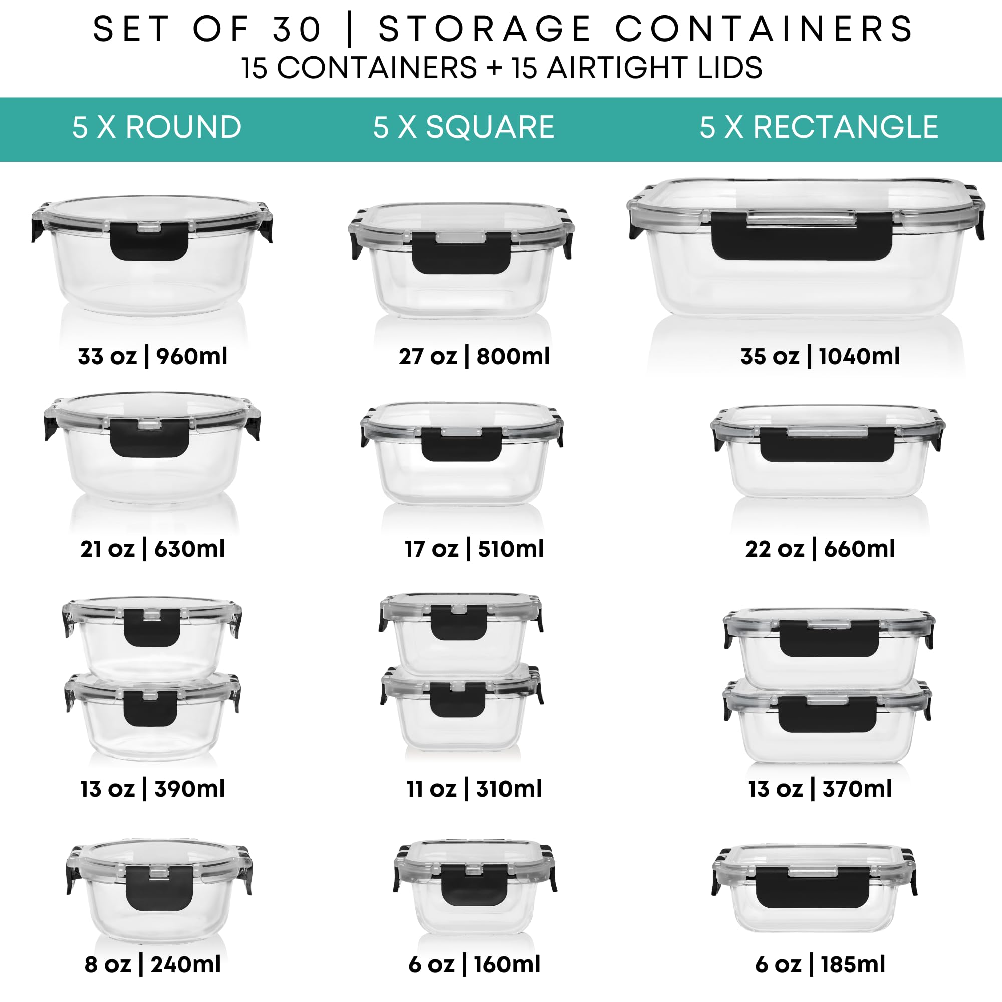 Razab contenedores de vidrio rectangulares 660 ml para porciones diarias
