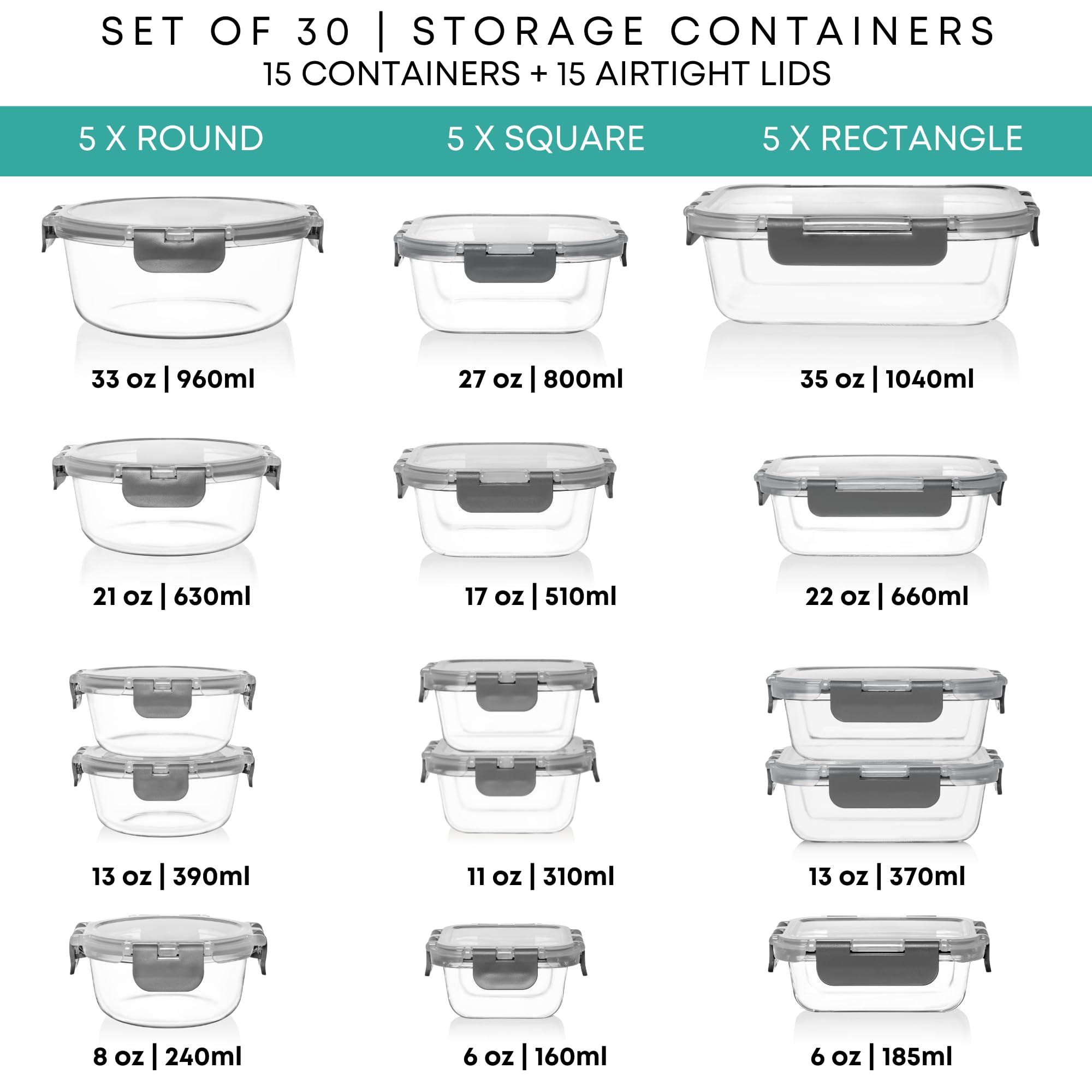Razab latas de vidrio rectangulares 660ml, almacenamiento compacto sin derrames